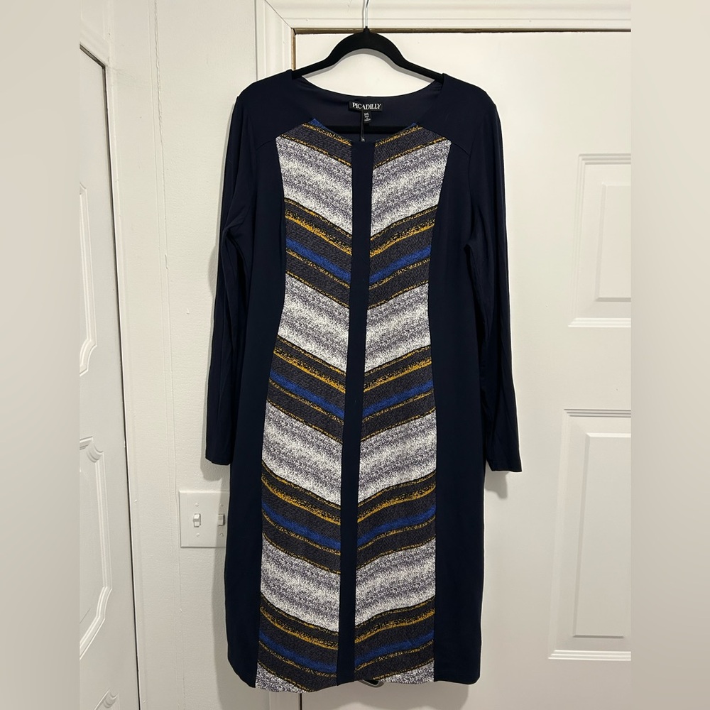 Picadilly Navy Long Sleeve Dress with Chevron Stripes Insert Size XXL NWT